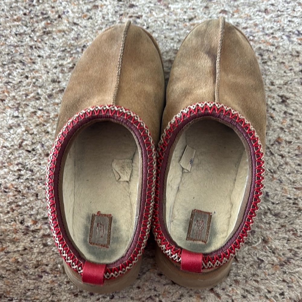 Brown Suede Slip-On Shoes with Red Trim